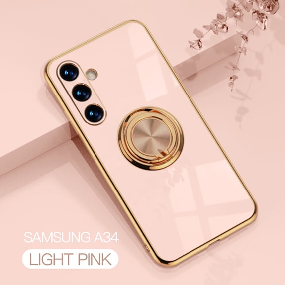 SaniMore Case for Samsung A34 5G, Shockproof TPU Backplane + Eletric Plating Border 360 Degree Rotating Ring/Holder Stand Feature Magnetic Car Mount Anti-drop Heavy Duty ProtectIve Case, Pink