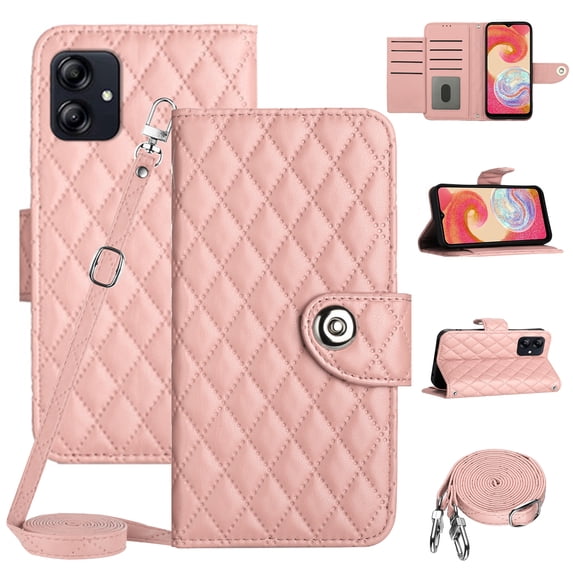 SaniMore Case for Samsung Galaxy A05, PU Leather 3D Lattice Stylish for Girls Crossbody Lanyard Flip Kickstand Card Slots Cash Pocket Magnetic Clasp Full Protective Shockproof Wallet Shell, Coralpink