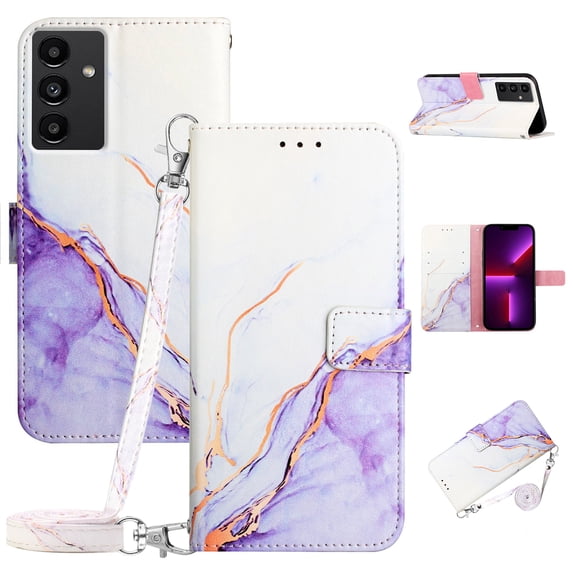 SaniMore Case for Samsung Galaxy A05S 6.7" 2023, PU Leather Case Luxury Marble Pattern Flip Kickstand Magnetic Clasp Cash Pocket Crossbody Lanyard Fashion Case for Girls Women, Purple/White