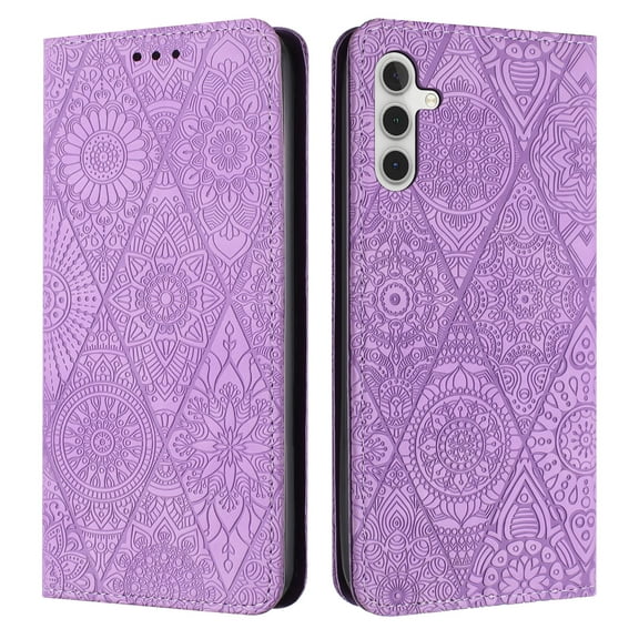 SaniMore Case for Samsung Galaxy A14 5G 6.6" 2023, [Card Slots + Cash Pocket + Removeable Wrist Strap] PU Leather Embossed Totem Girly Kickstand 360° All-around Protective Wallet Shell, Purple