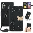 thumbnail image 1 of SaniMore Case for Samsung Galaxy A14 5G 6.6" 2023, [Crossbody/Wrist Lanyard] PU Leather Embossed Butterfly [Diamond Clasp] Card Slots Kickstand Shockproof Glitter Wallet Shell, Black, 1 of 12