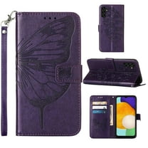 SaniMore Case for Samsung Galaxy A15 (2023), PU Leather Skin with Luxury Embossed Butterfly [Wrist Strap & Card Slots & Flip Kickstand] Full-body Shockproof Business Wallet Cover, Purple