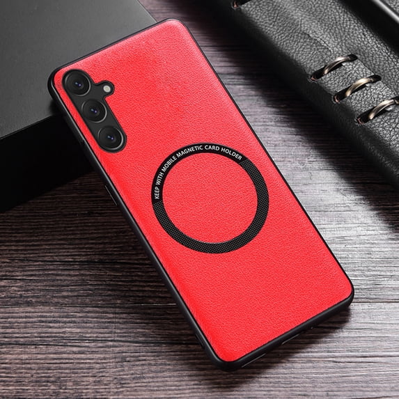 SaniMore Case for Samsung Galaxy A15 6.5" 2023 Release, Wear-resistant PU Leather Rugged PC Backplane Wireless Charging Slim Lightweight Anti-drop Shockproof Magnetic Case for Galaxy A15, Red