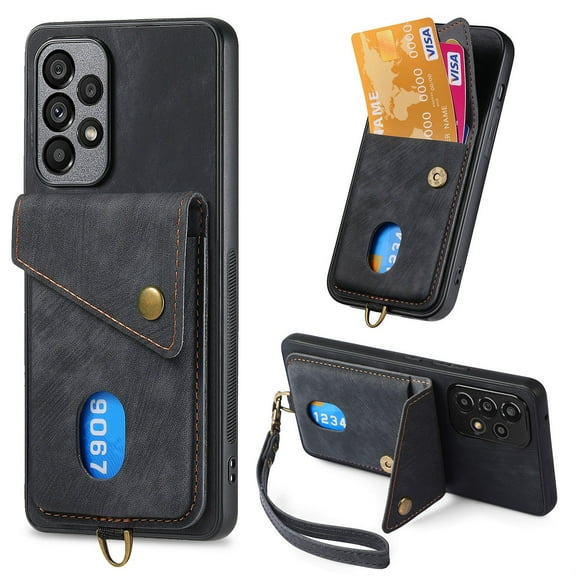 SaniMore Case for Samsung Galaxy A15, [Flip Card Slot Design Kickstand] Removeable Wrist Strap Magnetic Car Mount Wear-resistant PU Leather Skin Shockproof Anti-drop Shell, Black