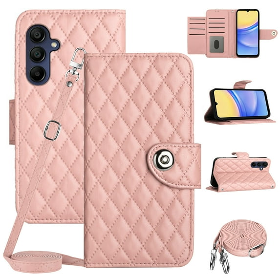 SaniMore Case for Samsung Galaxy A15, PU Leather 3D Lattice Stylish for Girls Crossbody Lanyard Flip Kickstand Card Slots Cash Pocket Magnetic Clasp Full Protective Shockproof Wallet Shell, Coralpink