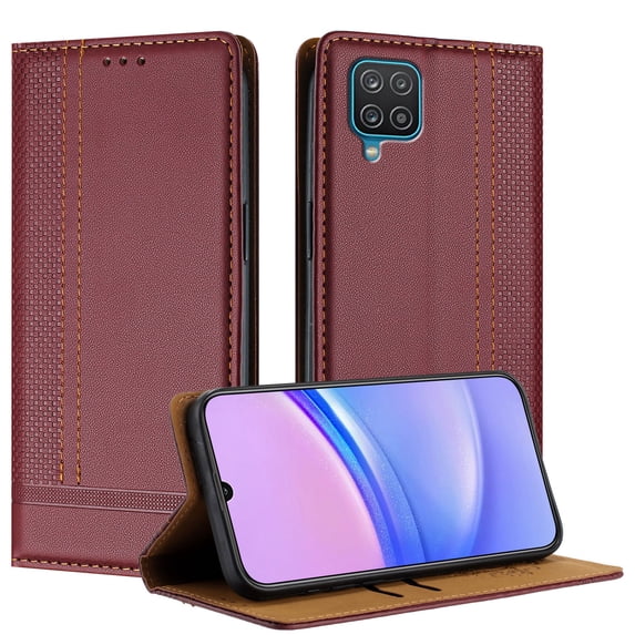 SaniMore Case for Samsung Galaxy A22 5G, Wear-resistant PU Leather Retro Durable TPU Shell Flip Folio Stand, Full Body Protection Magnetic Clasp Business Shell, Winered