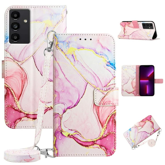 SaniMore Case for Samsung Galaxy A24 6.5" 2021, PU Leather Case Luxury Marble Pattern Flip Kickstand Magnetic Clasp Cash Pocket Crossbody Lanyard Fashion Case for Girls Women, Rosegold