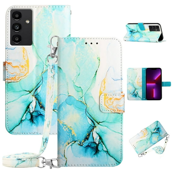 SaniMore Case for Samsung Galaxy A24 6.5" 2021, PU Leather Case Luxury Marble Pattern Flip Kickstand Magnetic Clasp Cash Pocket Crossbody Lanyard Fashion Case for Girls Women, Blue
