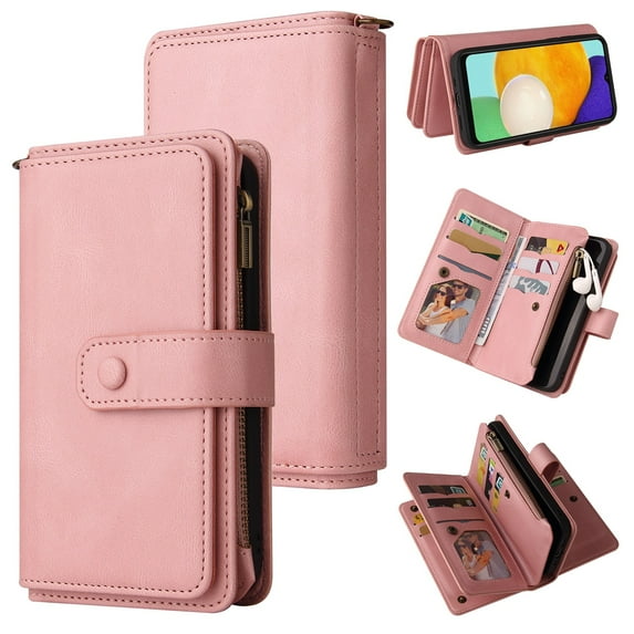 SaniMore Case for Samsung Galaxy A24 6.5" 2023, PU Leather Zipper Wallet + Card Holder + Detachable Wrist Strap Kickstand Magnetic Clasp 360°Protective Shockproof Business Cover, Pink