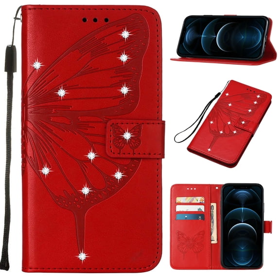 SaniMore Case for Samsung Galaxy A25 (2023), PU Leather Luxury Embossed Butterfly Glitter Diamond [Wrist Strap & Card Slots & Flip Kickstand] Full-body Shockproof Wallet Cover, Red