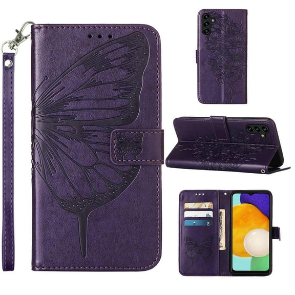 SaniMore Case for Samsung Galaxy A25 (2023), PU Leather Skin with Luxury Embossed Butterfly [Wrist Strap & Card Slots & Flip Kickstand] Full-body Shockproof Business Wallet Cover, Purple