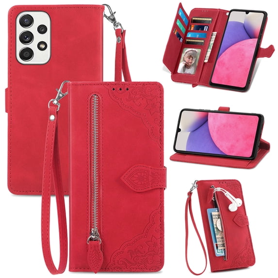SaniMore Case for Samsung Galaxy A34 5G 2023, PU Leather Zipper Wallet Detachable Lanyard Retro Embossed Flower Crad Slots Flip Kickstand Full Body Protective Drop-proof Case for Galaxy A34 5G, Red
