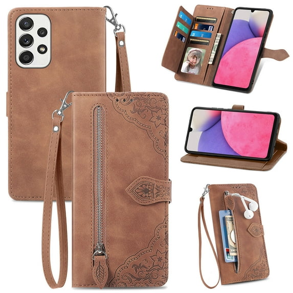 SaniMore Case for Samsung Galaxy A34 5G 2023, PU Leather Zipper Wallet Detachable Lanyard Retro Embossed Flower Crad Slots Flip Kickstand Full Body Protective Drop-proof Case for Galaxy A34 5G, Brown