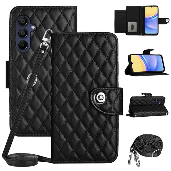 SaniMore Case for Samsung Galaxy A35, PU Leather 3D Lattice Stylish for Girls Crossbody Lanyard Flip Kickstand Card Slots Cash Pocket Magnetic Clasp Full Protective Shockproof Wallet Shell, Black