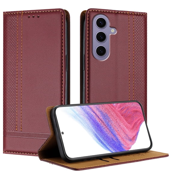SaniMore Case for Samsung Galaxy A35, Wear-resistant PU Leather Retro Durable TPU Shell Flip Folio Stand, Full Body Protection Magnetic Clasp Business Shell, Winered