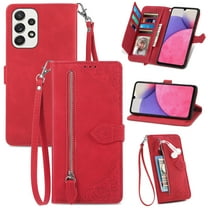 SaniMore Case for Samsung Galaxy A54 5G 2023, PU Leather Zipper Wallet Detachable Lanyard Retro Embossed Flower Crad Slots Flip Kickstand Full Body Protective Drop-proof Case for Galaxy A54 5G, Red
