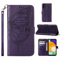 SaniMore Case for Samsung Galaxy A54 5G (6.4" 2023), PU Leather Skin with Luxury Embossed Butterfly [Wrist Strap & Card Slots & Flip Kickstand] Full-body Shockproof Business Wallet Cover, Purple