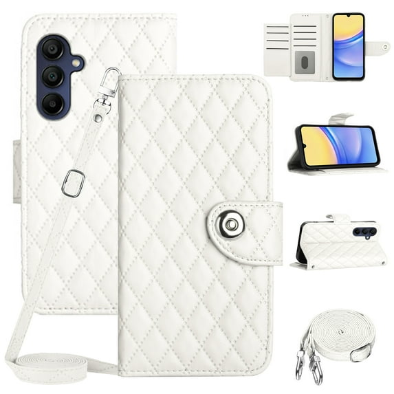 SaniMore Case for Samsung Galaxy A54 5G, PU Leather 3D Lattice Stylish for Girls Crossbody Lanyard Flip Kickstand Card Slots Cash Pocket Magnetic Clasp Full Protective Shockproof Wallet Shell, White