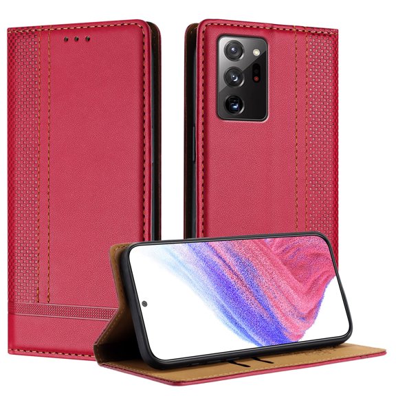 SaniMore Case for Samsung Galaxy Note20 Ultra, Wear-resistant PU Leather Retro Durable TPU Shell Flip Folio Stand, Full Body Protection Magnetic Clasp Business Shell, Red