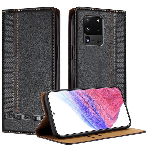SaniMore Case for Samsung Galaxy S20 Ultra, Wear-resistant PU Leather Retro Durable TPU Shell Flip Folio Stand, Full Body Protection Magnetic Clasp Business Shell, Black