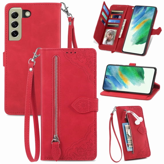 SaniMore Case for Samsung Galaxy S21 FE 5G 6.4", PU Leather Zipper Wallet Detachable Lanyard Retro Embossed Flower Crad Slots Flip Kickstand Full Body Protective Drop-proof Case, Red