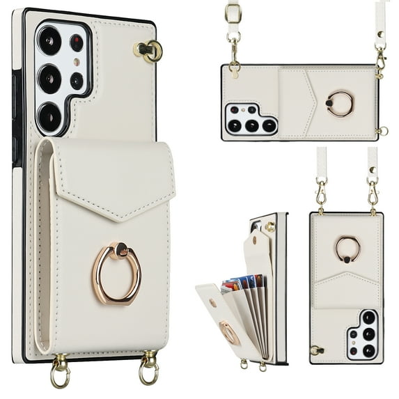 SaniMore Case for Samsung Galaxy S21 Ultra 6.8" 2021, RFID Blocking Card Slots Wrist Strap Wear-resistant PU Leather Skin 360 Degree Rotating Ring Shockproof Anti-drop TPU Shell for Girls Women, White