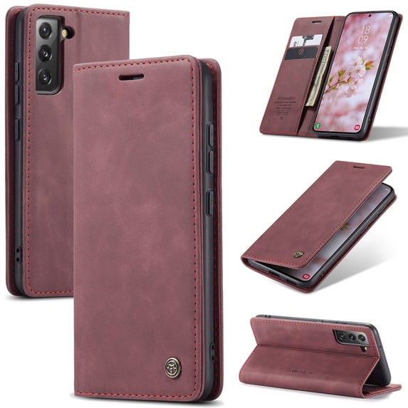 SaniMore Case for Samsung Galaxy S22 6.1" 2022, Premium PU Leather Magnetic Cover Card Slots Cash Pocket Flip Kickstand Shockproof TPU Shell Full Protective Business Retro Case, Winered