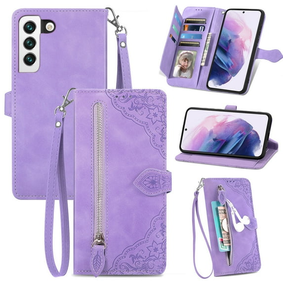 SaniMore Case for Samsung Galaxy S22 Plus 6.6" 2022, PU Leather Zipper Wallet Detachable Lanyard Retro Embossed Flower Crad Slots Flip Kickstand Full Body Protective Drop-proof Case, Purple