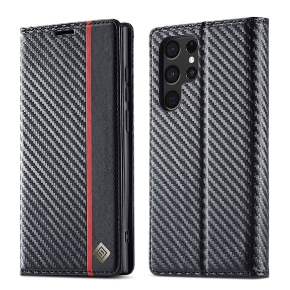 SaniMore Case for Samsung Galaxy S22 Ultra 6.8" 2022, Carbon Fiber Skin PU Leather Flip Filio Case Kickstand Card Slots Cash Pocket Full Body Protetcion Case For Galaxy S22 Ultra, Vertical Line
