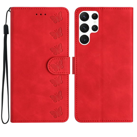 SaniMore Case for Samsung Galaxy S22 Ultra 6.8" 2022, [Card Slots + Cash Pocket] Removeable Wrist Strap PU Leather Embossed Butterfly Flip Kickstand Magnetic Clasp Full Body Protective Shell, Red