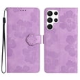 thumbnail image 1 of SaniMore Case for Samsung Galaxy S22 Ultra 6.8" 2022, [Card Slots + Cash Pocket + Removeable Wrist Strap] PU Leather Embossed Flower Flip Kickstand 360° All-around Protective Wallet Shell, Purple, 1 of 11