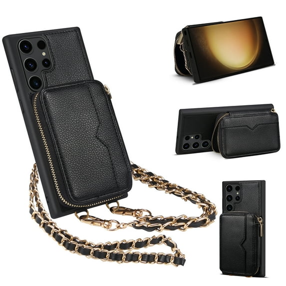 SaniMore Case for Samsung Galaxy S22 Ultra 6.8" 2022 with Metal Detachable Crossbody Lanyard Zipper Wallet Pocket Card Slots PU Leather Wear-resistant Shockproof Anti-fall Retro Girly Shell, Black