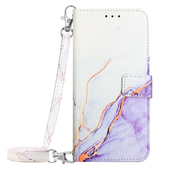 SaniMore Case for Samsung Galaxy S22 Ultra 6.8" 2022, PU Leather Case Luxury Marble Pattern Flip Kickstand Magnetic Clasp Cash Pocket Crossbody Lanyard Fashion Case for Girls Women, White Purple