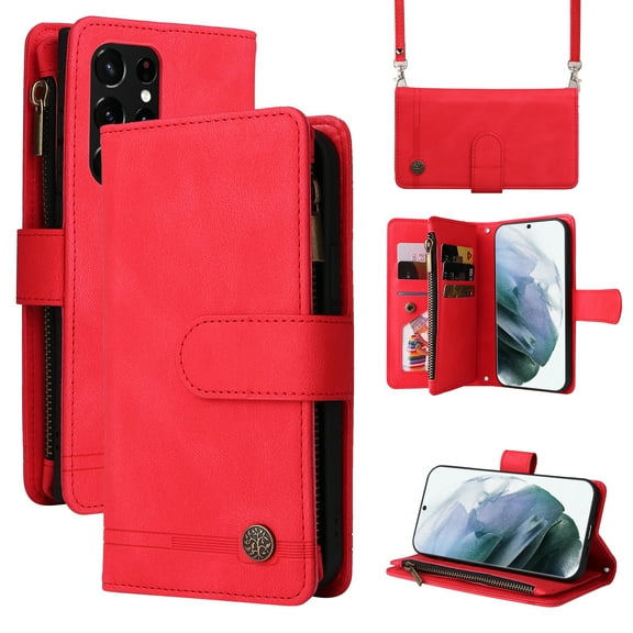 SaniMore Case for Samsung Galaxy S22 Ultra 6.8" 2022, PU Leather Zipper Wallet Cover [RFID Blocking] Card Slot Magnetic Clsap Flip Folio Wrist/Crossbody Strap Kickstand Full Protective Cover, Red