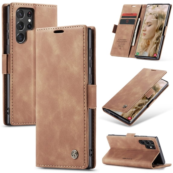 SaniMore Case for Samsung Galaxy S22 Ultra 6.8" 2022, Premium PU Leather Magnetic Cover Card Slots Cash Pocket Flip Kickstand Shockproof TPU Shell Full Protective Business Retro Case, Brown