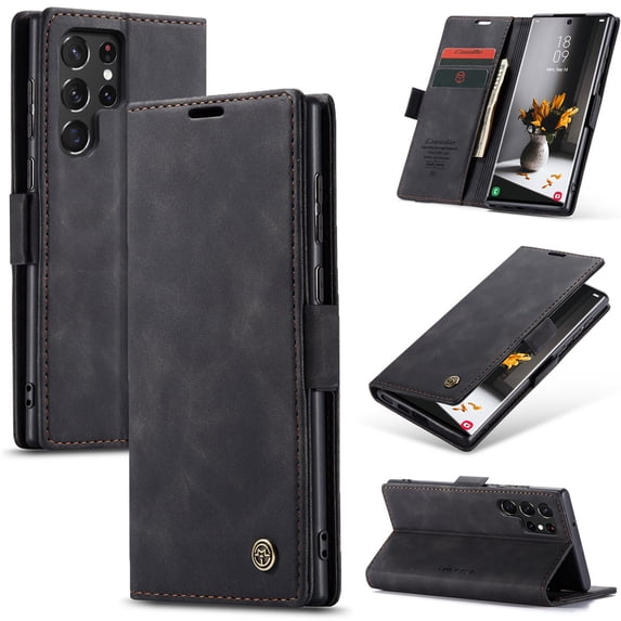 SaniMore Case for Samsung Galaxy S22 Ultra 6.8" 2022, Premium PU Leather Magnetic Cover Card Slots Cash Pocket Flip Kickstand Shockproof TPU Shell Full Protective Business Retro Case, Black