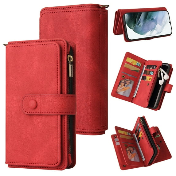 SaniMore Case for Samsung Galaxy S22 Ultra 6.8", PU Leather Zipper Wallet + Card Holder + Detachable Wrist Strap Kickstand Magnetic Clasp 360°Full Protective Shockproof Anti-drop Business Case, Red
