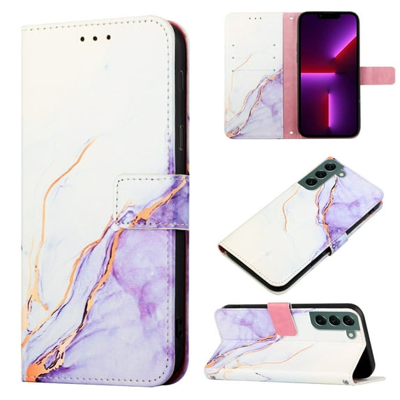 SaniMore Case for Samsung Galaxy S23 2023, PU Leather Case Luxury Marble Pattern Flip Kickstand Magnetic Clasp Cash Pocket Crossbody Lanyard Fashion Case for Girls Women For Galaxy S23, Purple/White