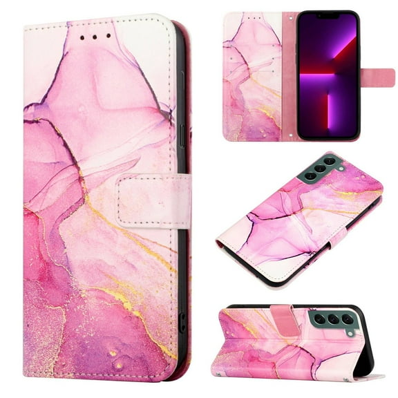 SaniMore Case for Samsung Galaxy S23 2023 Release, PU Leather Case Luxury Marble Wireless Charigng Hand Rope Fashion Folding Case for Girls Women For Samsung Galaxy S23, Pink/Purple