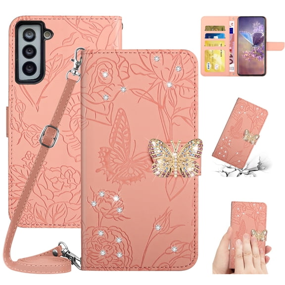 SaniMore Case for Samsung Galaxy S23 6.1" 2023, [Crossbody/Wrist Lanyard] PU Leather Embossed Butterfly [Diamond Clasp] Card Slots Kickstand Shockproof Glitter Wallet Shell For Galaxy S23, Pink