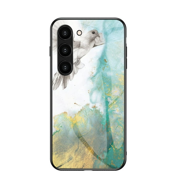 SaniMore Case for Samsung Galaxy S23 6.1" 2023, Transparent Glass & TPU Bumpers 3-Layer Shock Absorbing Lightweight Marble Glass Full Body Protective Shell for Samsung S23, Flying Pigeon