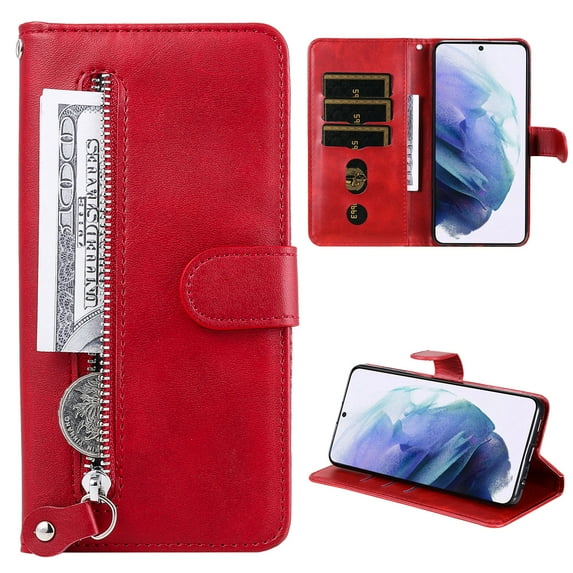 SaniMore Case for Samsung Galaxy S23 6.1" 2023, Zipper Wallet Pocket Caed Slots Retro PU Leather Shockproof Drop-proof Flip Kickstand All-around Protective Shell for Samsung Galaxy S23, Red