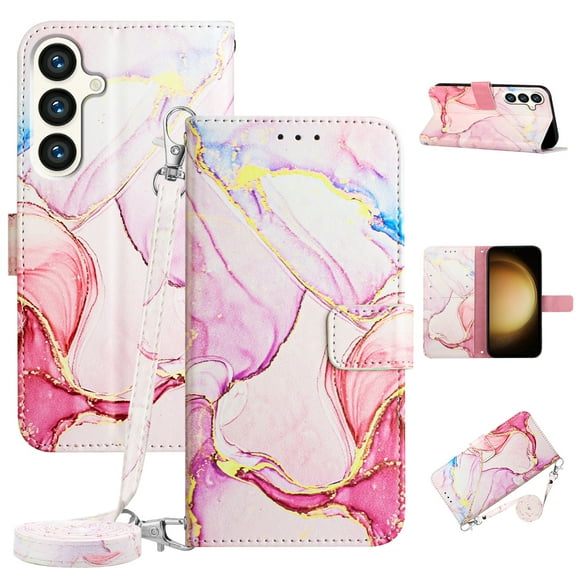 SaniMore Case for Samsung Galaxy S23 FE 2023, PU Leather Case Luxury Marble Pattern Flip Kickstand Magnetic Clasp Cash Pocket Crossbody Lanyard Fashion Case for Girls Women For Galaxy S23 FE, Rosegold