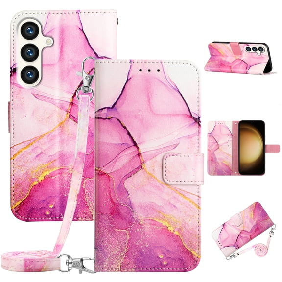 SaniMore Case for Samsung Galaxy S23 FE 2023, PU Leather Case Luxury Marble Pattern Flip Kickstand Magnetic Clasp Cash Pocket Crossbody Lanyard Fashion Case for Girls Women For Galaxy S23 FE,