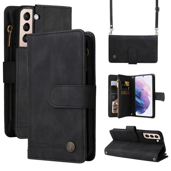 SaniMore Case for Samsung Galaxy S23 FE, PU Leather Zipper Wallet Cover [RFID Blocking] Card Slot Magnetic Clsap Flip Folio with Wrist/Crossbody Strap Kickstand Full Protective Cover, Black