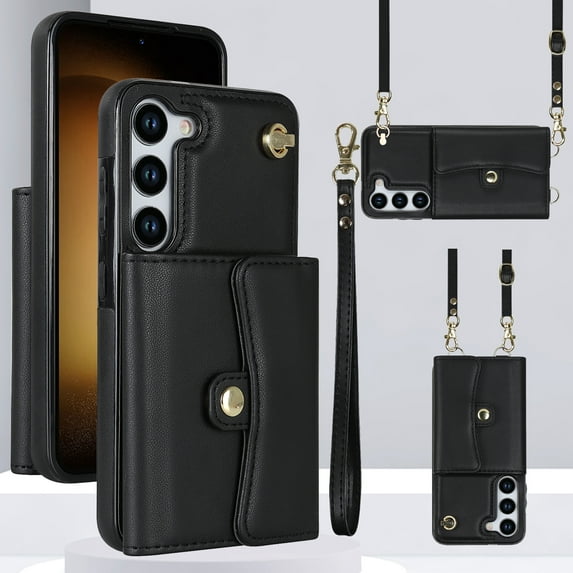 SaniMore Case for Samsung Galaxy S23 FE, RFID Blocking Card Slots Crossbody/Wrist Strap Wear-resistant PU Leather Skin Shockproof Anti-drop TPU Shell for Girls Women, Black