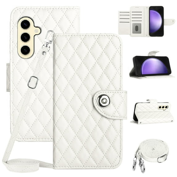 SaniMore Case for Samsung Galaxy S23, PU Leather 3D Lattice Stylish for Girls Crossbody Lanyard Flip Kickstand Card Slots Cash Pocket Magnetic Clasp Full Protective Shockproof Wallet Shell, White