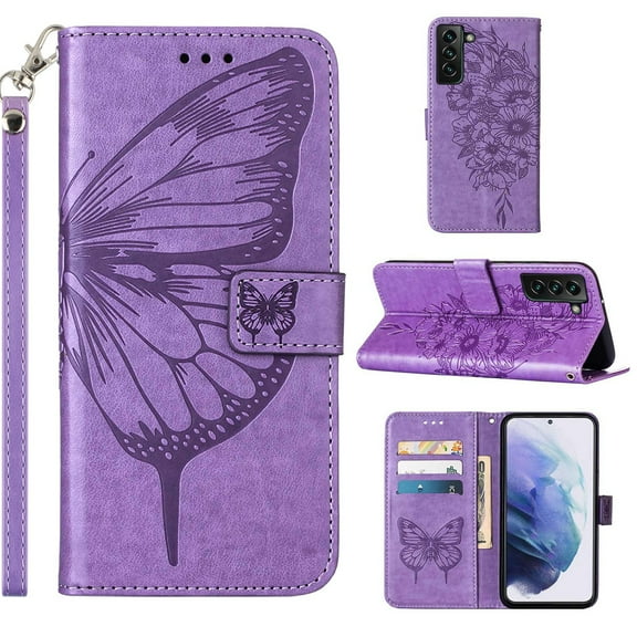 SaniMore Case for Samsung Galaxy S23 Plus (6.6"), PU Leather Full-body Protective Cover with Luxury Embossed Butterfly [Wrist Strap & Card Slots & Flip Kickstand] Stylish Wallet Case, Lightpurple