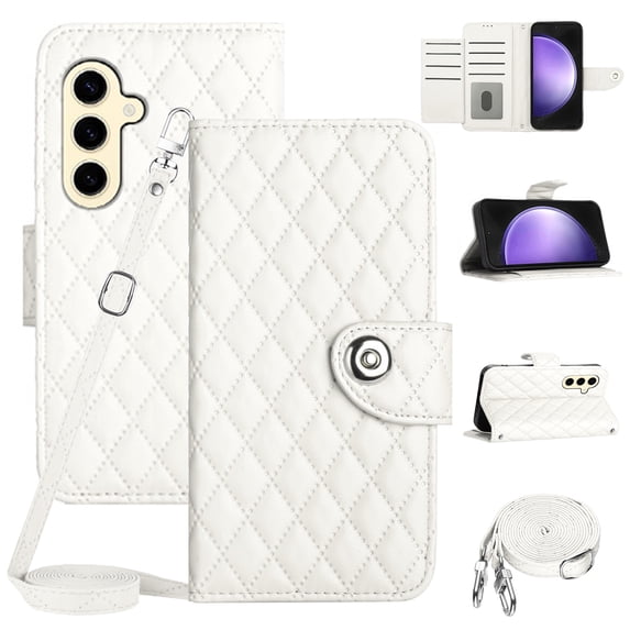 SaniMore Case for Samsung Galaxy S23 Plus, PU Leather 3D Lattice Stylish for Girls Crossbody Lanyard Flip Kickstand Card Slots Cash Pocket Magnetic Clasp Full Protective Shockproof Wallet Shell, White