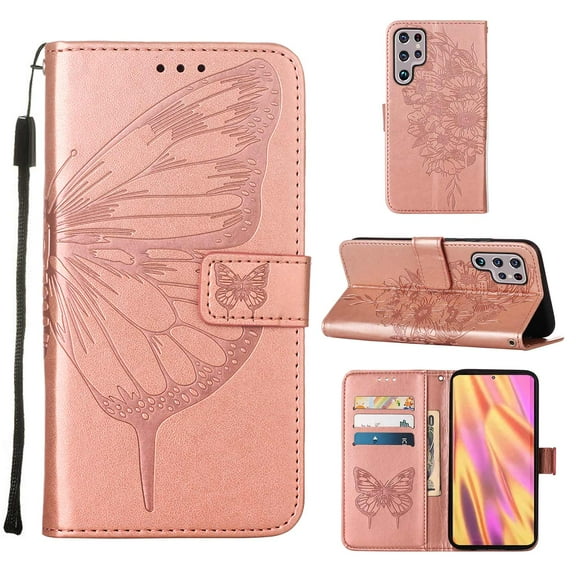 SaniMore Case for Samsung Galaxy S23 Ultra (6.1" 2023), PU Leather Full-body Protective Cover with Luxury Embossed Butterfly [Wrist Strap & Card Slots & Flip Kickstand] Stylish Wallet Case, Rosegold